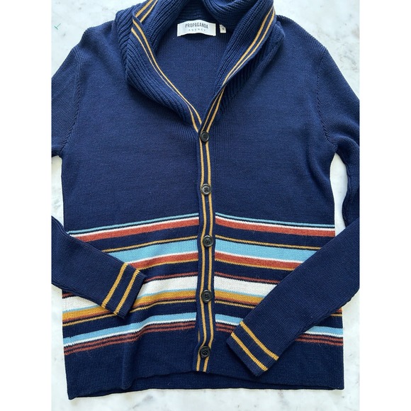 Propaganda Agency Mens S Baby Alpaca Cardigan Sweater Navy Stripes Grandpa $498 - Picture 1 of 11